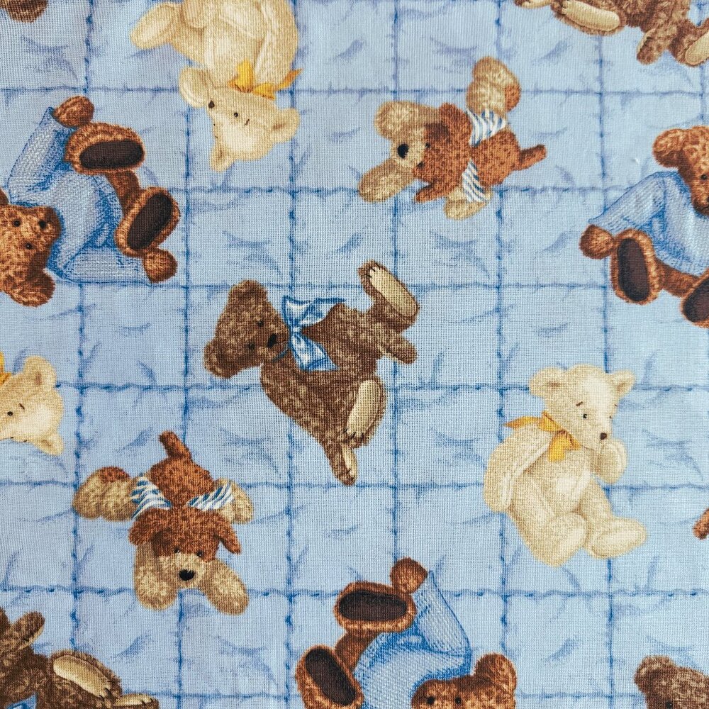 Teddy Bears on Blue Checkerboard Background Cotton Fabric